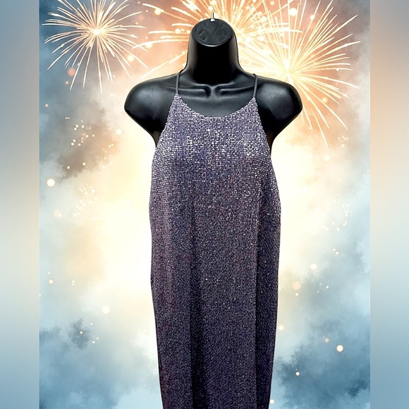 NWT Elegant Sexy Halston Sleeveless Silver Sequined Holiday Evening Midi Dress - Picture 3 of 7